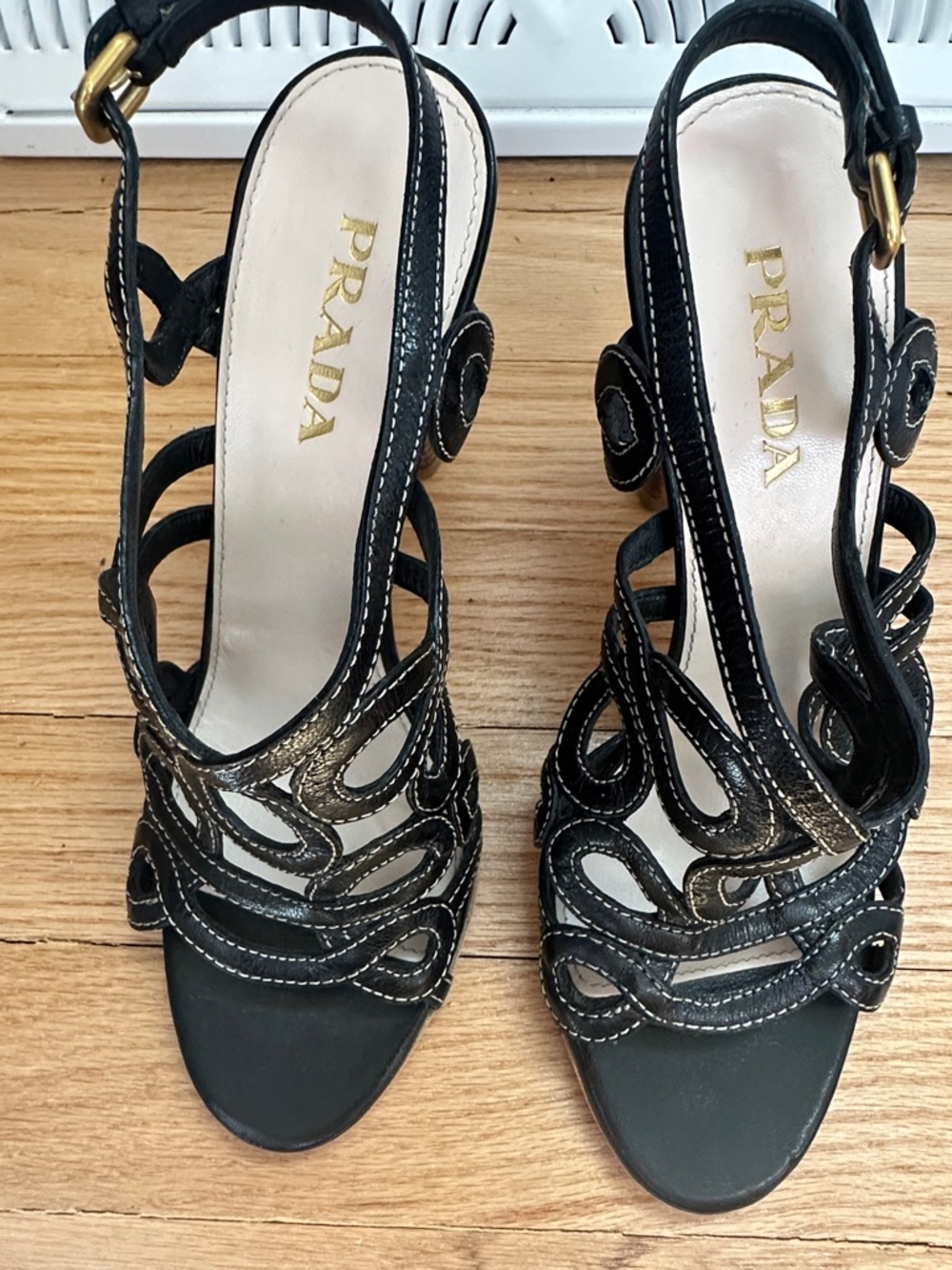 Prada Black Leather Scalloped Strappy Slingback Heels with Gold Trim